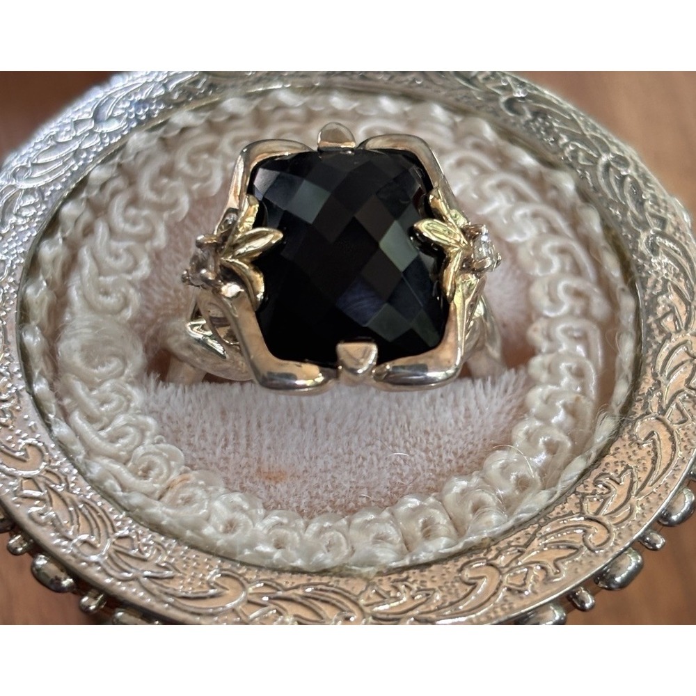 Ann King 925 18K Gold & Black Onyx Clear Topaz Ring Size 9
